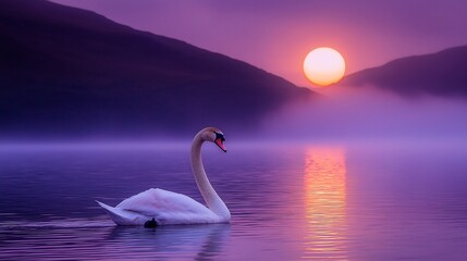 Fototapeta premium Gorgeous sunset casting warm light over a calm lake with a single swan gliding across the water cinematic serenity
