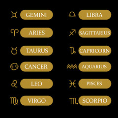 Calendar Stars Astrological Constellation Symbols. 12 zodiac icons Scorpio, Pisces, Virgo, Lion. Abstract Aries and Aquarius. vector