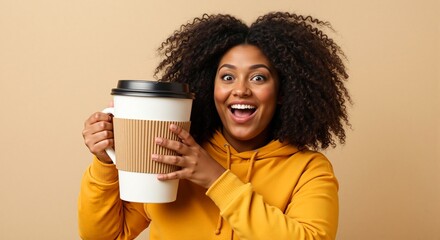 Cheerful woman holding oversized takeaway coffee cup – caffeine addiction, energy boost, and morning humor concept