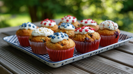 Red, White, and Blue Muffins on Stars and Stripes Tray – Patriotic Icing under Maple Tree in Morning Sunshine