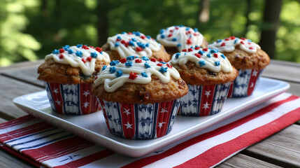 Red, White, and Blue Muffins on Stars and Stripes Tray – Patriotic Icing under Maple Tree in Morning Sunshine