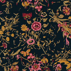 Floral seamless pattern with big flowers and Vector illustration.seamless floral watercolor pattern with garden pink, flowers roses, leaves, branches. Botanic tile, background.