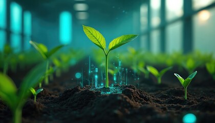 Obraz na płótnie Canvas Young plant grows in tech-driven greenhouse. Digital data flows around stem showing innovation in agriculture. Eco-friendly farming, modern cultivation, future food tech concepts. High tech