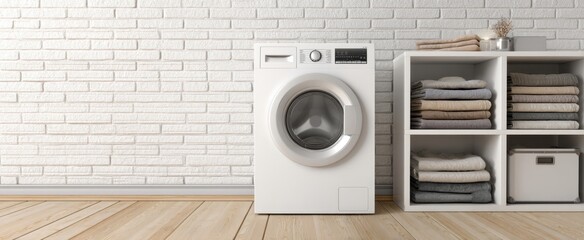 The modern washing machine and organized linen storage in a stylish interior space.