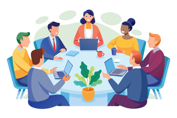 Team Collaboration in a Business Meeting Illustration with People Around a Table Discussing Projects on Laptops and Office Supplies
