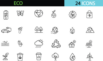 Eco and sustainability icon set. Vector glyph pictograms of recycle, tree, solar panel, wind turbine, environment, renewable energy, and conservation, vector illustration 
