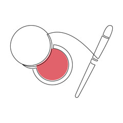 Hand drawn cosmetics vector. Makeup brush and blush icon, one line continuous drawing. Beauty product linear silhouette, minimal print, banner, card, poster, brochure, logo, sign, symbol.