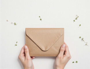 Kraft Paper Envelope in Hand on White Minimal Background with Floral Elements