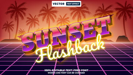 Sunset flashback 80s retro style 3d editable vector text effect. 80s synthwave, cyberpunk, neon vaporware, futuristic typography for digital designs.