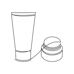 Hand drawn cream container vector. One line continuous drawing. Minimal fashion print, linear silhouette icon. Cosmetics skin care product, balm, lotion, abstract doodle illustration.