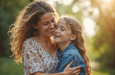 Fototapeta premium Happy mother hugs daughter smiling outdoors. Tender relationship between mother and child. Smiling woman embrace girl. Family connection, spending time, love, parenthood, care concept.