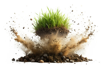 Lush Green Grass Tuft Exploding Upwards Brown Soil Dust Particles Mid Air Isolated on a transparent background