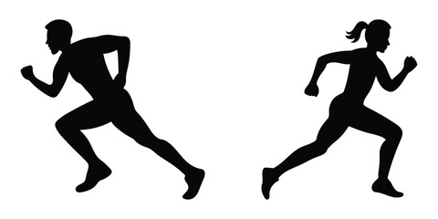 Running Man and Woman Silhouettes. Fitness Couple Running Icon. Man and Woman in Motion Silhouette