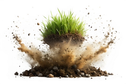 Lush Green Grass Tuft Exploding Upwards Brown Soil Dust Particles Mid Air Isolated on a transparent background - Powered by Adobe