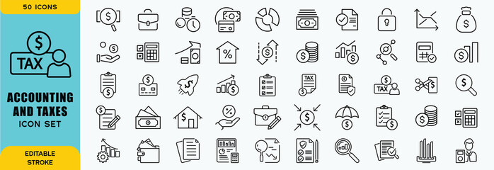  Accounting and taxes line icons collection. Big UI icon set in a flat design. Thin outline icons pack. Vector illustration EPS10