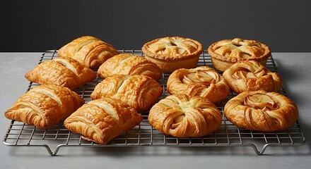 Danish pastry and apple pie pastry on a cooling rack. Perfect for recipe, article, catalogue, or any commercial purposes.
