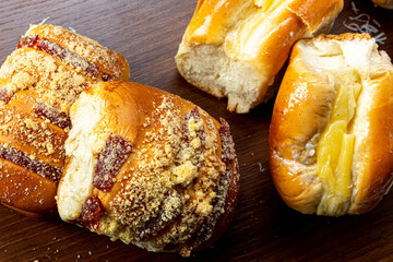 
Various sweet breads, with different flavors, made with flour, sugar, vanilla cream, guava and...