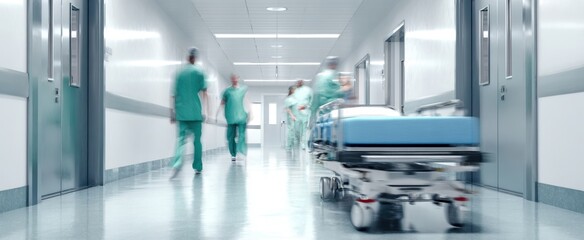 The busy hospital corridor with healthcare professionals in motion.