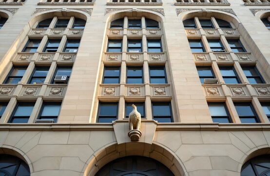 GSA Headquarters Building in Washington DC. Iconic architecture, american flag eagle statue. Governmental building, historic design, windows, stone facade, government service.