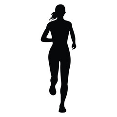 Female running silhouette. Bold black silhouette of a woman jogging toward the viewer, symbolizing motion and strength.
