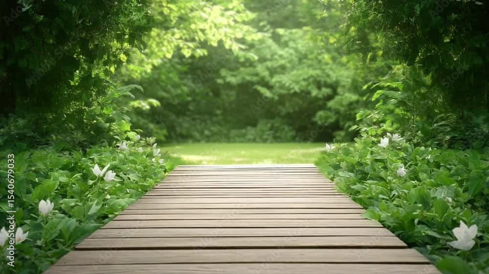 Poster pathway to tranquility: a wooden path leads through a vibrant green garden, inviting the viewer to a