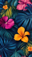 Flowers and foliage background. Tropical leaves and colorful flowers on foliage nature background. Stage showcase, promotion display.