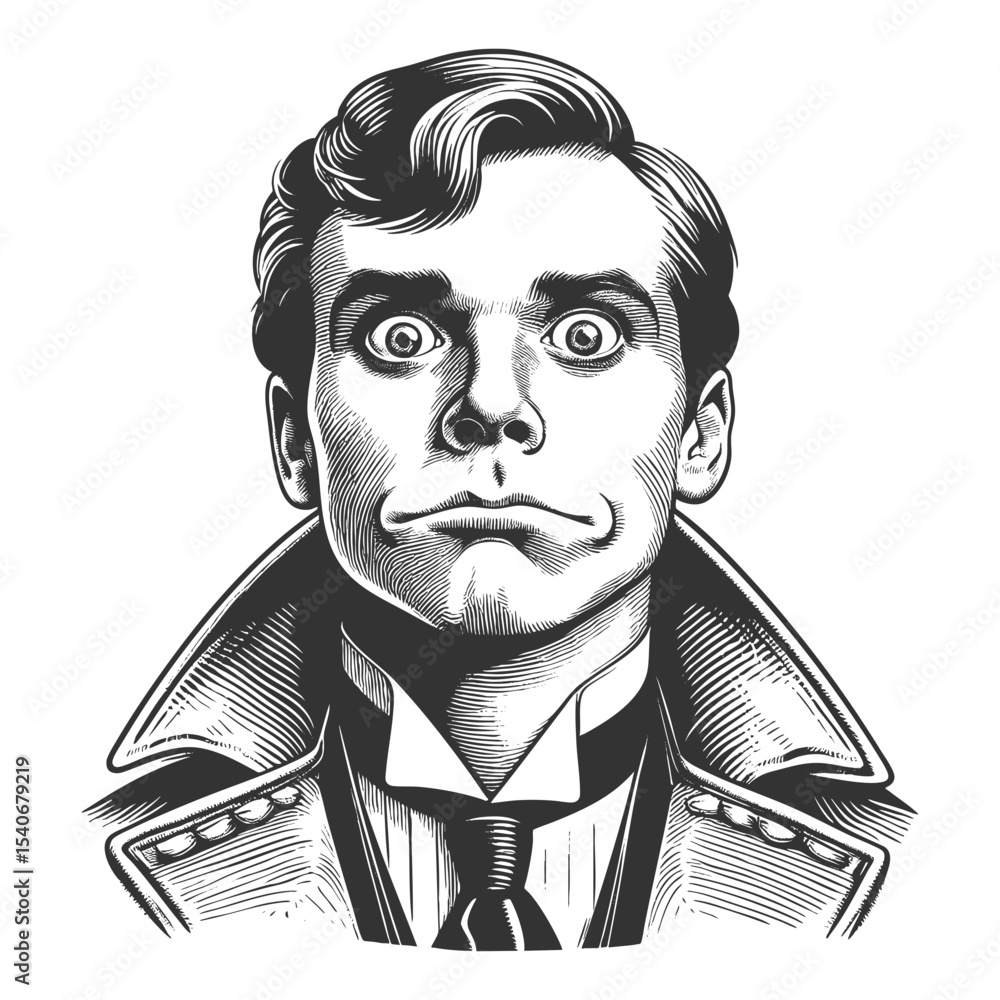 Poster funny man with wide eyes and a crooked smile, giving a quirky and startled expression sketch engravi