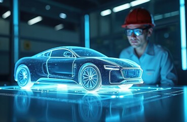 Engineer analyzes holographic car with AR technology. Inspecting future automotive design with digital interface. Modern tech, innovation, futuristic vehicle visualisation. Digital transformation in