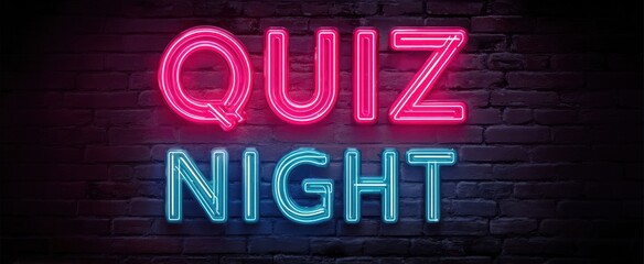 The illuminated neon sign inviting participants to a fun quiz night event.