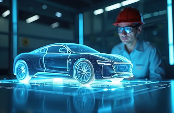 Engineer analyzes holographic car with AR technology. Inspecting future automotive design with digital interface. Modern tech, innovation, futuristic vehicle visualisation. Digital transformation in - Powered by Adobe