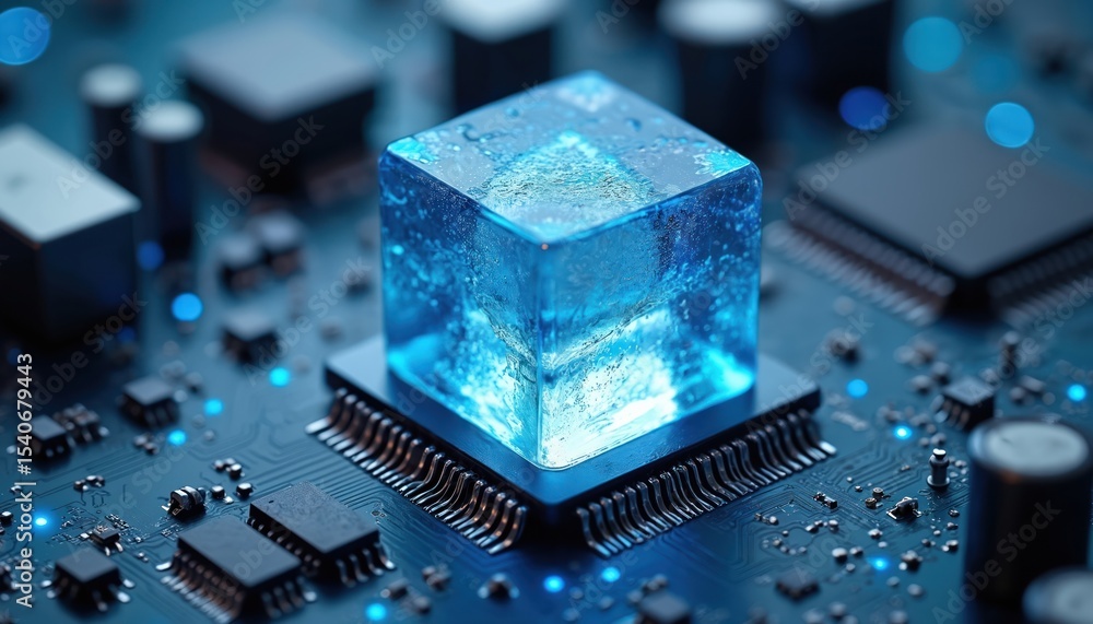 Poster Transparent ice cube on microchip circuit board with blue LED lights. Intricate electronic components showcasing tech, innovation. Digital design, modern circuitry, high-tech futuristic concept.