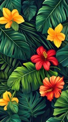 Flowers and foliage background. Tropical leaves and colorful flowers on foliage nature background. Stage showcase, promotion display.
