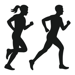 Black silhouettes of a male and female jogging side by side, symbolizing fitness and health.