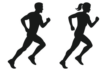 Running people silhouettes isolated on white background. Runners silhouette man and woman.
