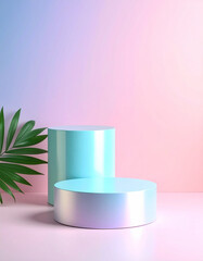 Pastel Holographic Cylinder and Green Plant Minimal Still Life.aesthetic, colours, contemporary, display, elegant, form, glasses, gradient, graphic, image, lighting, minimal, pastel, photo, product, 
