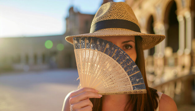 Rostro de hermosa mujer con sombrero y sosteniendo un abanico espa&ntilde;ol con el que oculta su cara salvo los ojos y mirada