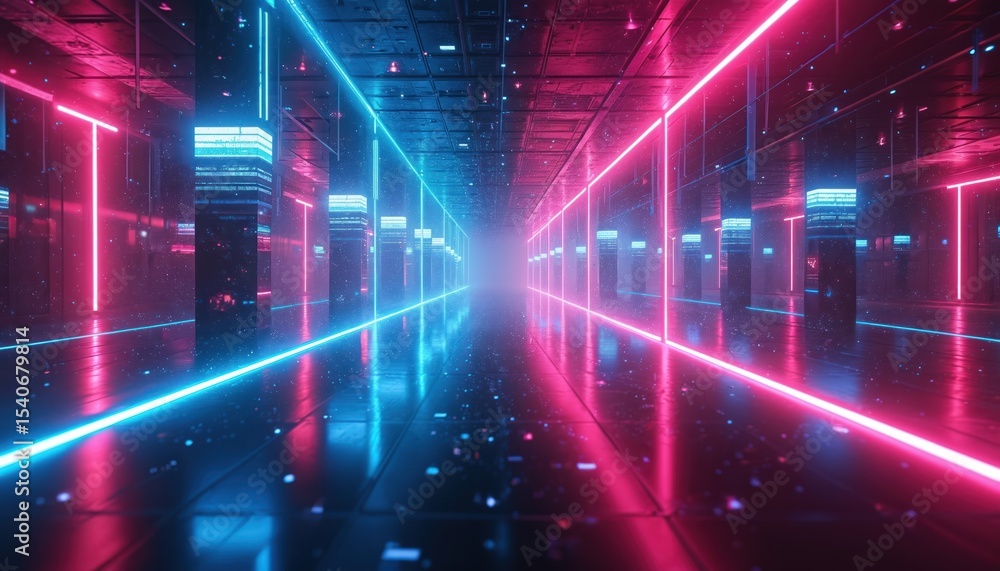 Aufkleber Futuristic neon corridor glows with abstract data flow, digital architecture. Cyberpunk scene features blue, pink lights creating cyberspace network perspective. Modern tech innovation, virtual
