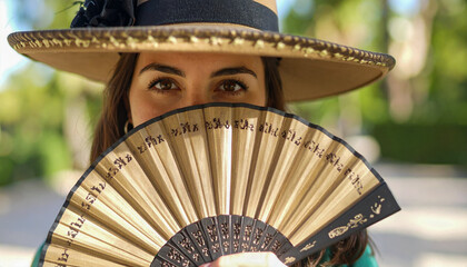 Rostro de hermosa mujer con sombrero y sosteniendo un abanico español con el que oculta su cara salvo los ojos y mirada