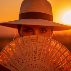 Rostro de hermosa mujer con sombrero y sosteniendo un abanico español con el que oculta su cara salvo los ojos y mirada
