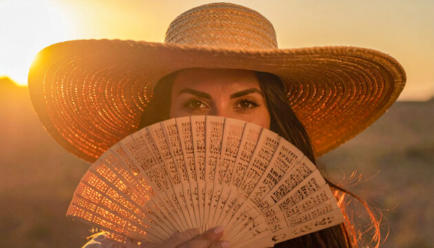 Rostro de hermosa mujer con sombrero y sosteniendo un abanico espa&ntilde;ol con el que oculta su cara salvo los ojos y mirada