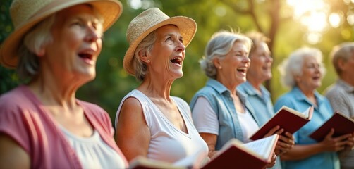 Group senior people sing choir. Happy elderly women men enjoy music performance during retirement. Community group singing outdoor. Leisure activity for senior citizens. Active lifestyle.