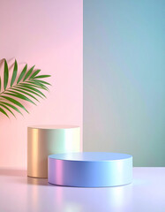 Pastel Holographic Cylinder and Green Plant Minimal Still Life.aesthetic, colours, contemporary, display, elegant, form, glasses, gradient, graphic, image, lighting, minimal, pastel, photo, product, 