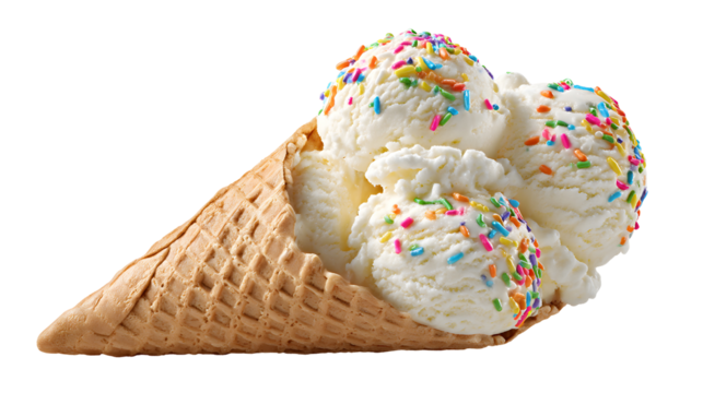 A delicious ice cream cone filled with three scoops of vanilla ice cream and colorful sprinkles. The sprinkles add a fun and festive touch to the dessert