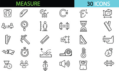 Measure line editable icon set. Containing scale, ruler, size, dimension, temperature, gauge, Vector illustration
