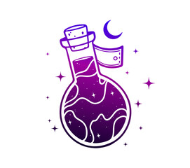Vector illustration of a magical potion bottle filled with glowing stars and cosmic liquid. The bottle design is whimsical and enchanted, perfect for fantasy themes, witchcraft visuals.