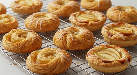 Danish pastry and apple pie pastry on a cooling rack. Perfect for recipe, article, catalogue, or any commercial purposes.