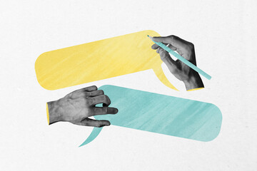 Collage poster template trend artwork sketch of cloud bubble text message comic two hands hold pencil write answer chatting communication