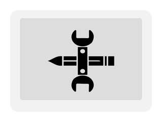 The icon features a symmetrical arrangement combining various tools: a vertical wrench with open ends on the top and bottom, and a horizontal pencil and paintbrush intersecting through the middle.