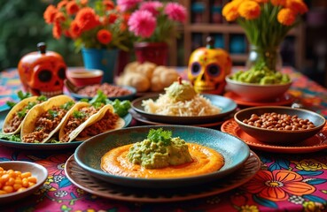 Traditional Mexican food Day of the Dead celebration feast on colorful decorated table. Tacos, guacamole, beans, sugar skulls with flowers, vibrant decorations. Festive holiday event.