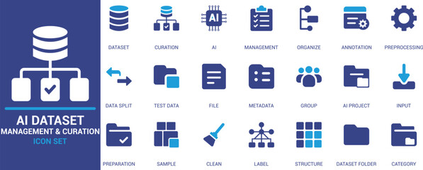Flat style icon set focused on AI dataset management and curation, featuring symbols for data labeling, preprocessing, annotation, metadata, input, and structure.
